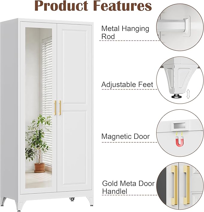 SteeLoong Metal Wardrobe Cabinet with Hanging Rod, 71" Tall Armoire Wardrobe Closet with 2 Mirror Doors and Adjustable Shelves, White Clothing Storage Cabinets for Bedroom, Laundry Room