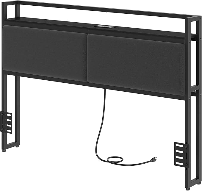 YATINEY Headboard with Charging Station, Queen Size Headboard Only, Upholstered Queen Head Board with Open Storage, Height Adjustable, Vintage Style, Sturdy and Stable, Black