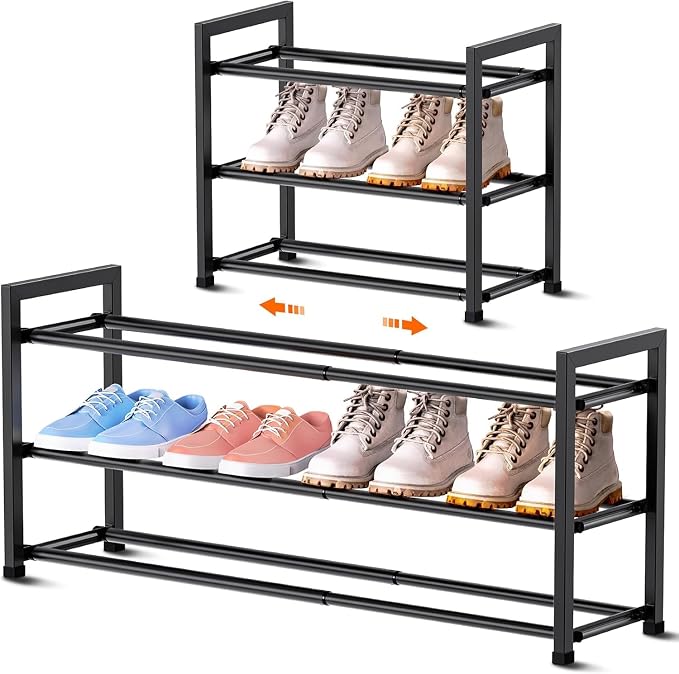 Bumusty 3-Tier Expandable Shoe Rack for Closet, 18“-33” Adjustable Shoe Rack for Small Space, Small Shoe Organizer for Front Door, Sturdy Metal, Black by BUMUSTY