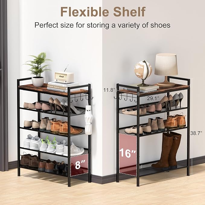 Refrze Shoe Rack for Front Door Entrance, 5 Tier Height-Adjustable Metal Shoe Rack, Sturdy Wooden Top and Tiltable Steel Frame Heavy Duty Shoe Organizer for Bathroom,Bedroom,Kitchen，Include Hook - Image 2