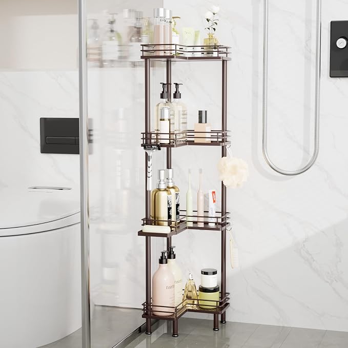 Consumest Corner Shower Caddy Standing - 4-Tier Stainless Steel Shower Organizer with Soap Holder and 4 Hooks, Large Capacity Corner Shelf Stand for Bathroom, Rest Room, Bronze - Image 6