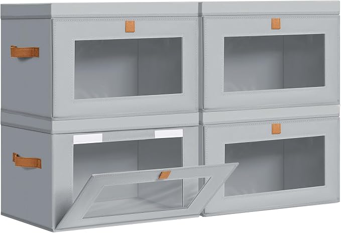 DIMJ Storage Bins with Lids - 4 Pack Large Fabric Closet Organizer with Window & Handles, Collapsible Decorative Storage Boxes for Shelves Under Bed, Books Clothes Blankets Sweaters Organization by DiMJ
