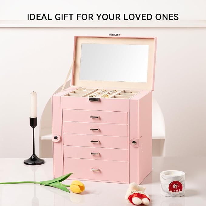 Frebeauty Large Jewelry Box,6-Tier PU Leather Jewelry Organizer,Multi-functional Storage Case with Mirror,Accessories Holder with 5 Drawers for Necklace Bracelets Watches(Pink) - Image 7