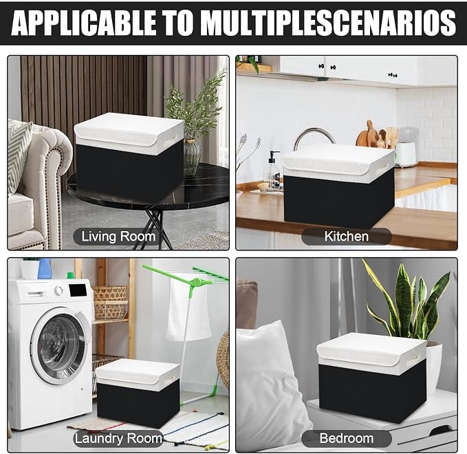 Bagnizer Large 42 Quarts Fabric Storage Bins with Lids [2-Pack] Linen Collapsible Foldable Baskets, Closet Organizer Containers boxes with Handles for Home Office (16.7 x 12 x 12, Black & White) - Image 7