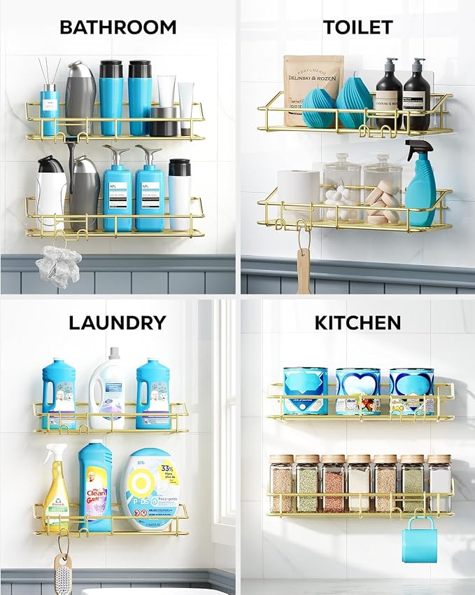 Nieifi Shower Caddy Shelf Storage Rack Adhesive Without Drilling Stainless Steel with Hooks for Washroom, Lavatory, Restroom, Toilet, Bathroom, Kitchen - 2 Pack, Golden - Image 9
