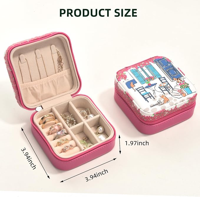 shunmei Mini Travel Jewelry Box,PU Leather Portable Jewelry Organizer Case,Art Accessories Storage Holder Boxes for Earring, Necklace, Rings, Bracelets (Four Cats) - Image 3