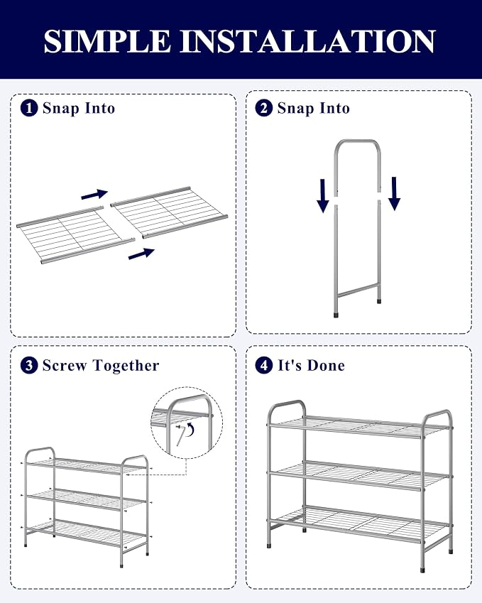Kitsure Shoe Rack - Stainless Steel Shoe Organizer, Sturdy Shoe Rack for Closet and Front Door Entrance, Free Standing Shoe Shelf, Closet Organizers and Storage, 25.6" Wide - 3 Tier, Grey - Image 5