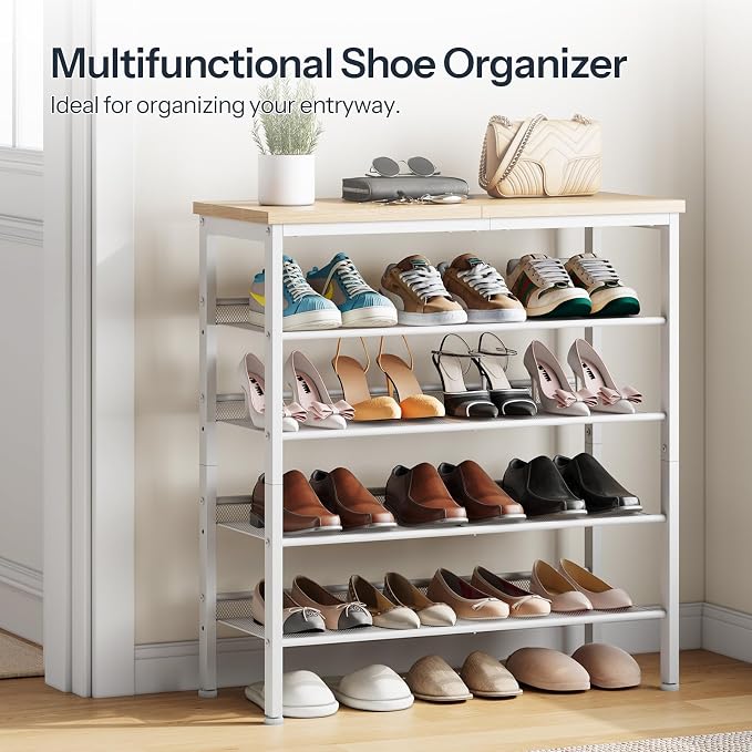 HOOBRO Shoe Rack for Entryway, 5-Tier Shoe Organizer with Adjustable Mesh Shelves, 12-16 Pairs of Shoes, Spacious Floor Mount, Metal, Industrial, Shoe Shelf for Closet, Natural and White WN12XJ01 - Image 6