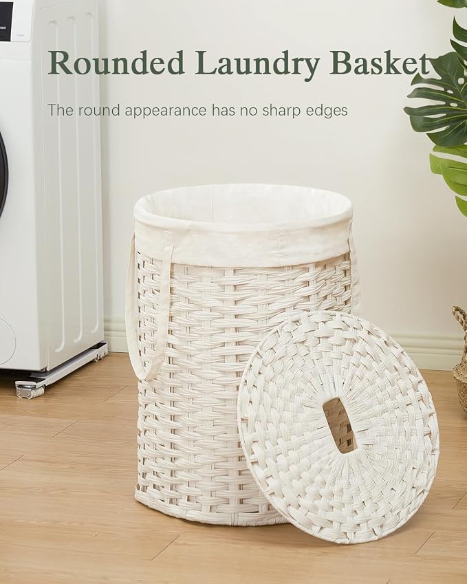 SETVSON Laundry Hamper with Lid Laundry Basket with Lid 19.0 Gal (72 L) Round Wicker Laundry Basket Handwoven Rattan Basket with Lid Removable Bag 2 Mesh Bags Handles for Living Room Bathroom White - Image 2