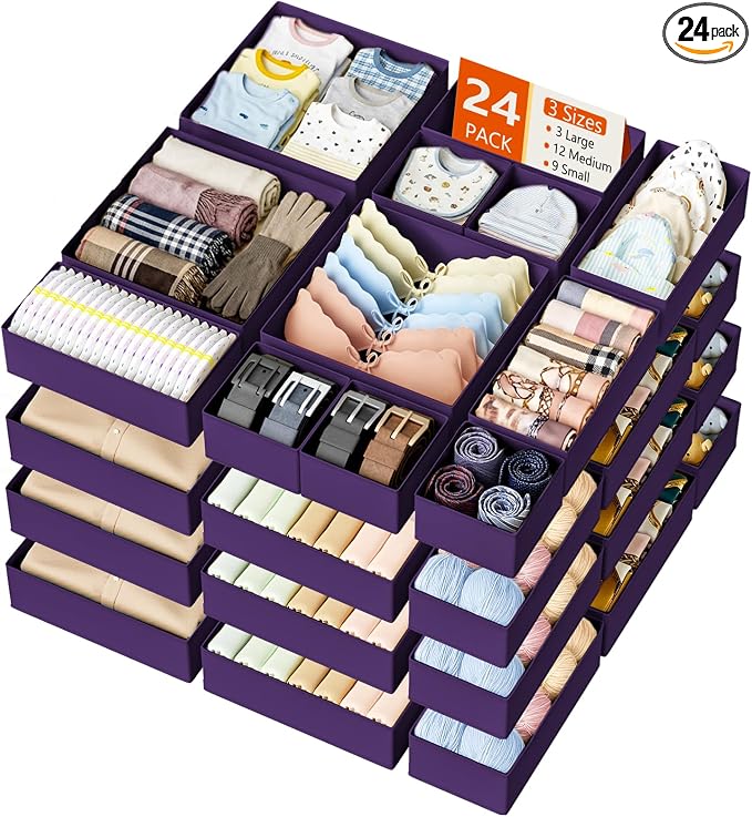 DIMJ Drawer Organizer Clothes, 24 Pack Dresser Organizer, Foldable Closet Organizers and Storage, Fabric Dresser Bins, Drawer Dividers for Nursery, Baby Clothes, Underwears, Sock by DiMJ