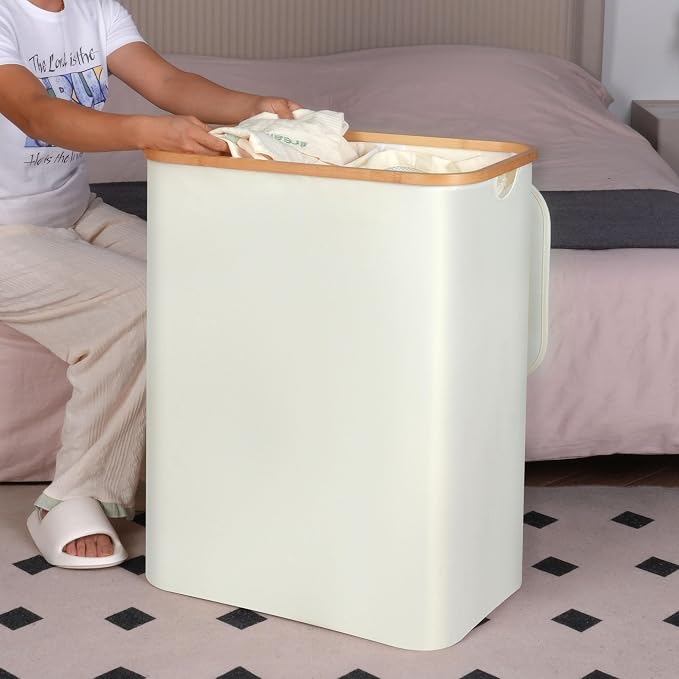 efluky Laundry Hamper with Lid, 160L Tall Laundry Basket with Bamboo Handles for Clothes and Toys, Collapsible Laundry Hamper with 2 Inner Bags for Bedroom and Bathroom, Beige - Image 6