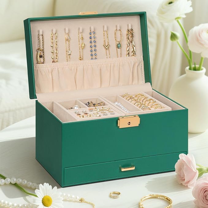 AKOZLIN Travel Jewelry Box Organizer Functional 2-trays Leather Jewelry Storage Case with Lockable Portable Drawer for Women Girls Ring Necklace Earring Bracelet - Image 5