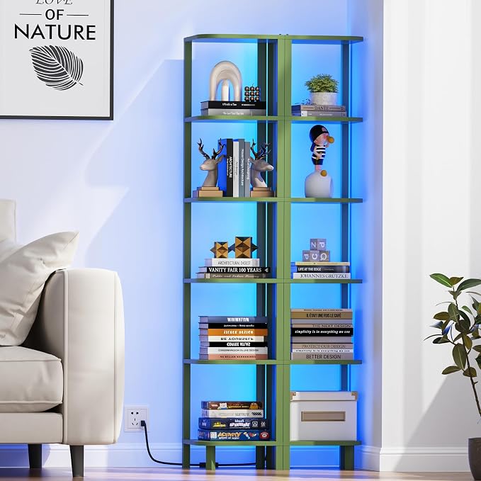 TUTOTAK Corner Shelf with LED Light, 6-Tier Corner Bookshelf for Small Space, Narrow Display Corner Shelf Stand with Storage Rack, for Living Room, Bedroom, Olive Green BS08BOG006L - Image 7