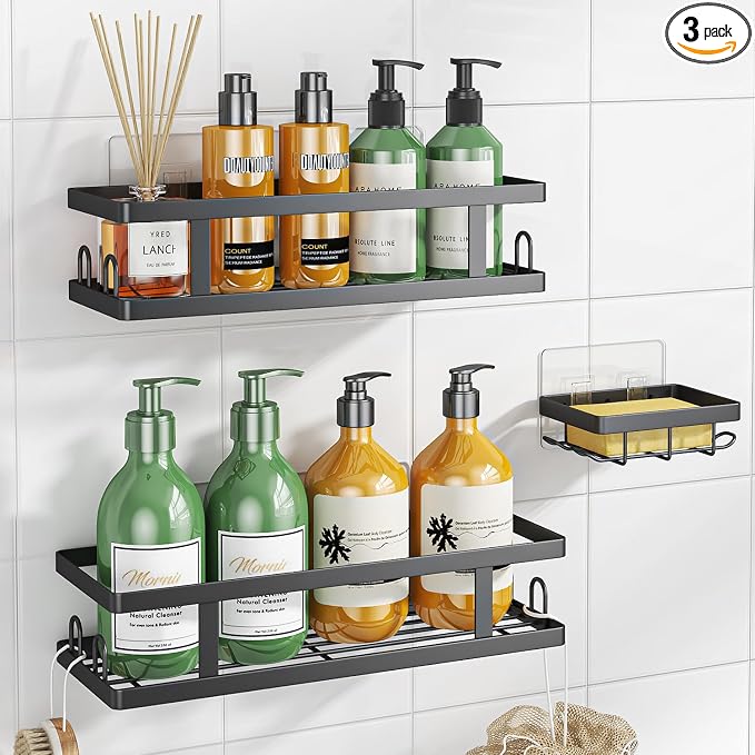 Youvip Adhesive Shower Caddy,Shower Shelves with Soap Holder and 12 Hooks,Rustproof No Drilling Bathroom Organizer and Storage,Black,3 Pack by YOUVIP