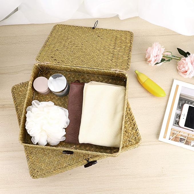 Hipiwe Natural Seagrass Storage Bins with Lid, Woven Wicker Basket Boxes Home Organizer Bins Shelf Organizer Box,Set of 2 - Image 5