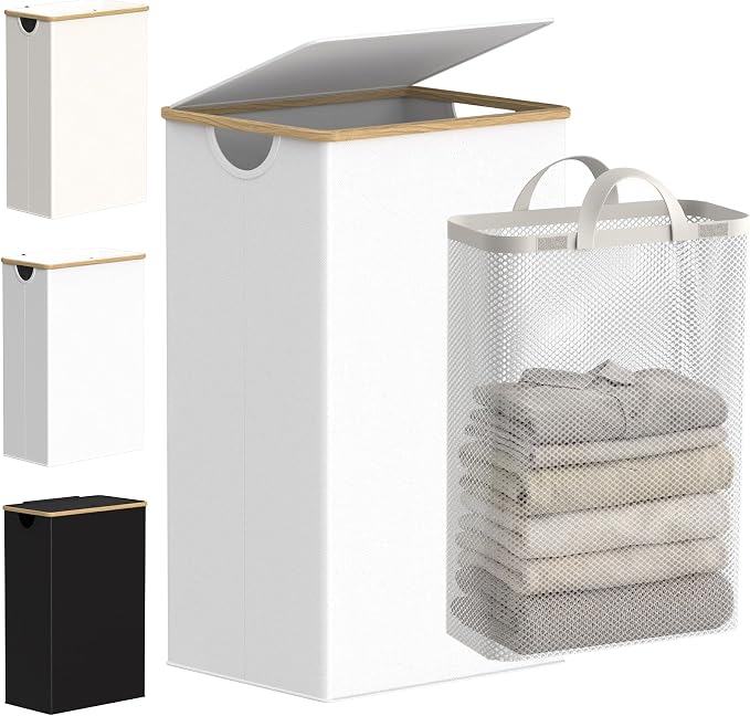 efluky Laundry Hamper with Lid, 100L Tall Laundry Basket with Bamboo Handles for Clothes and Toys, Collapsible Laundry Hamper with Inner Bag for Bedroom and Bathroom, White by efluky