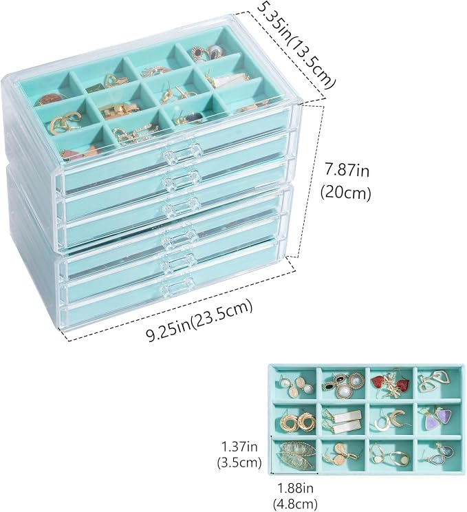 Lolalet Earring Holder Organizer Box Jewelry Storage with 6 Drawers, Clear Acrylic Stackable Earring Case with Adjustable Velvet Trays for Women on Dresser Vanity -Aqua, 6 Layers - Image 5