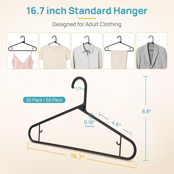 Vtopmart 60 Pack Plastic Clothes Hangers, 16.7in Standard StackFit Hangers for T-Shirt, Coats, Jackets, Sweaters, Non-Slip Slim Hanger with Hooks, Space-Saving in Closet, Durable Clothes Organizers - Image 2