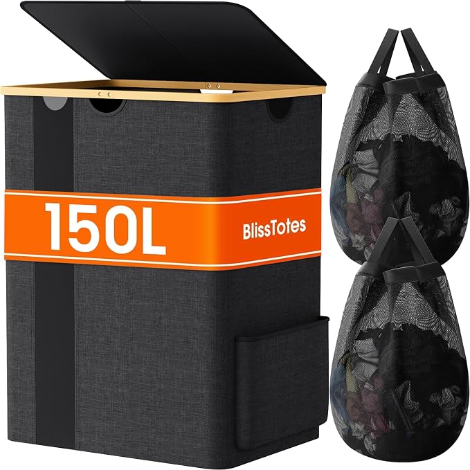 BlissTotes Laundry Basket with Lid, 150L Clothes Laundry Hamper with Handles and 2 Removable Laundry Bag, Breathable Design Hamper with Lid for Bedroom, Bathroom, Dorm, Laundry Room - Dark Grey by BlissTotes