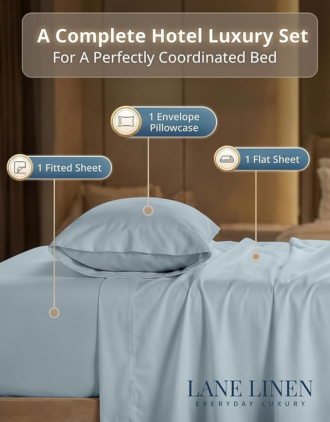 LANE LINEN 100% Cotton Sheets Twin Size - 600 Thread Count Premium Sateen Weave for Gentle Feel On Skin - Extra Soft Hotel Quality Sheets for Dorm Rooms - Oeko Tex Certified - French Blue