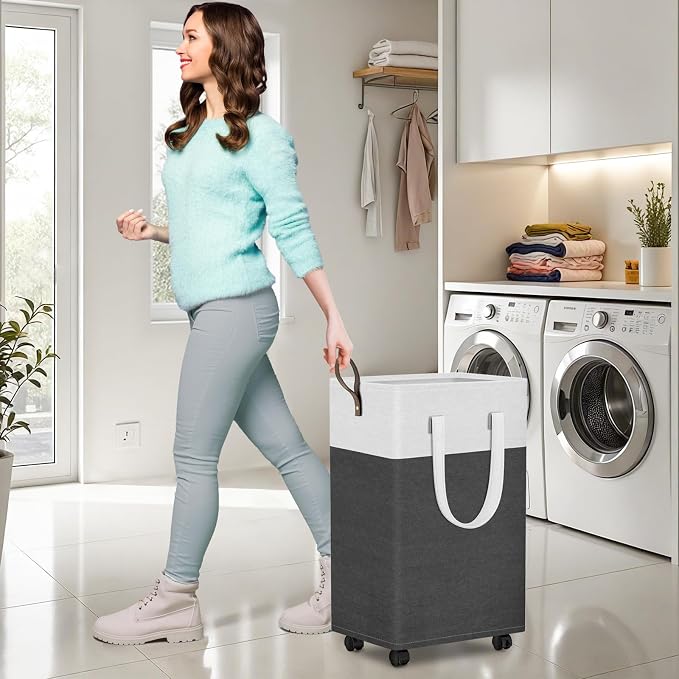 HomeHacks 75L Waterproof Rolling Laundry Hamper - Collapsible Clothes Basket with 4 Wheels for Bathroom, Laundry Room & Dorm, Easy-Clean PEVA Lining, Space-Saving Design(Gray) - Image 5