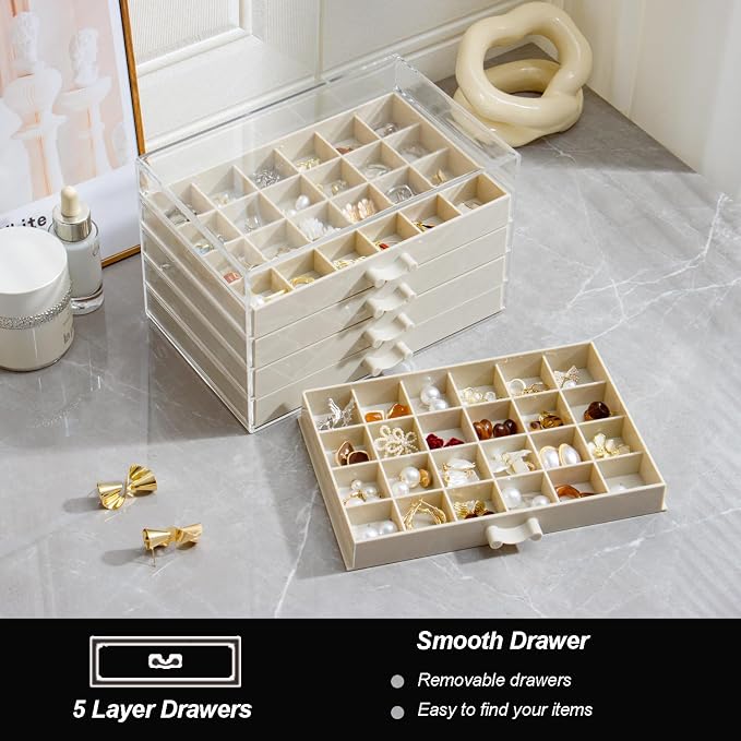 YUFONG Earring Storage Box Organizer, Acrylic Jewelry Storage Box Holder 5 Drawers Transparent Jewelry Display Stand with 120 Small Compartments Gift Boxes for Women Girls (Beige) - Image 4