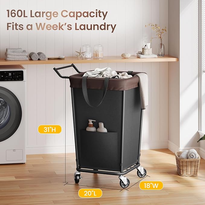 160L Laundry Hamper with Wheels and Handle, 2-Section Rolling Hamper for Laundry, Large Laundry Basket with Wheels, Rolling Laundry Basket Clothes Hamper for Home, Bathroom and Dorm(Black) - Image 2