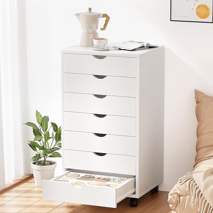 7 Drawer Mobile File Cabinet Under Desk Storage Organization with Wheels Vertical Filing Chest Rolling Wood Small Desk Printer Stand for Home Office, White - Image 4