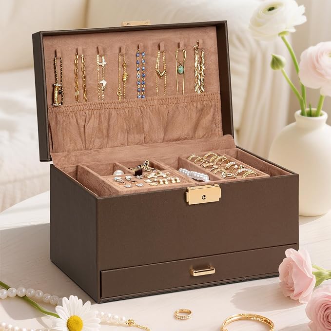 AKOZLIN Travel Jewelry Box Organizer Functional 2-trays Leather Jewelry Storage Case with Lockable Portable Drawer for Women Girls Ring Necklace Earring Bracelet - Image 7