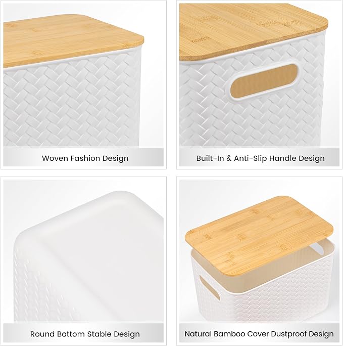 Ohmlove 4 Packs Storage Bins with Bamboo Lids - Plastic Storage Containers with Lids Stackable Storage Box：Storages Baskets for Organizing Desktop Closet Playroom Classroom Office,White - Image 3