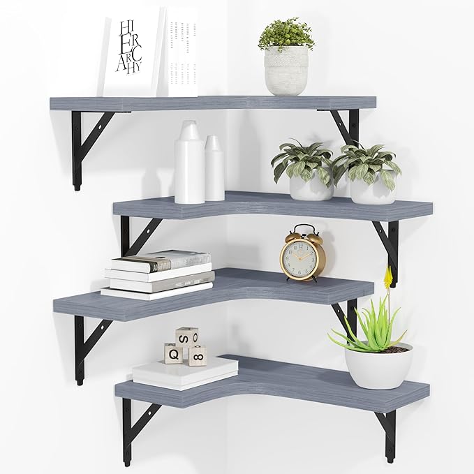 ROMGUAR CRAFT Corner Floating Shelves Wall Mounted Set of 4, Rustic Wood Storage Display Shelves for Home Decor, Bathroom, Kitchen, Bedroom, Living Room, Office (Grey) by ROMGUAR+CRAFT
