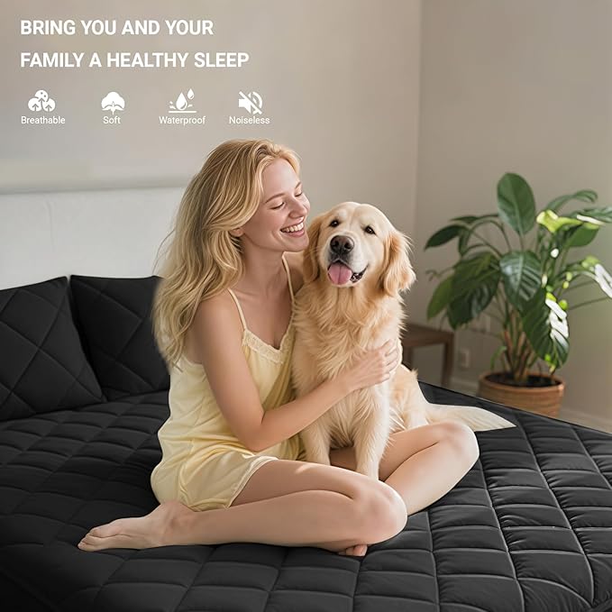 Queen Mattress Protector,Waterproof Mattress Protector Fitted Up to 16" Deep Pocket, Soft Breathable Bed Mattress Cover for Bedroom,Doom Room,(Black)