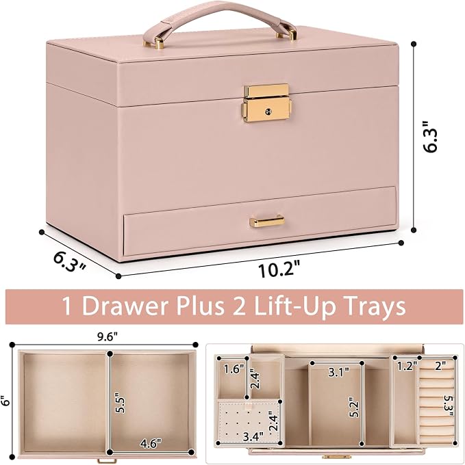 AKOZLIN Travel Jewelry Box Organizer Functional 2-trays Leather Jewelry Storage Case with Lockable Portable Drawer for Women Girls Ring Necklace Earring Bracelet - Image 6