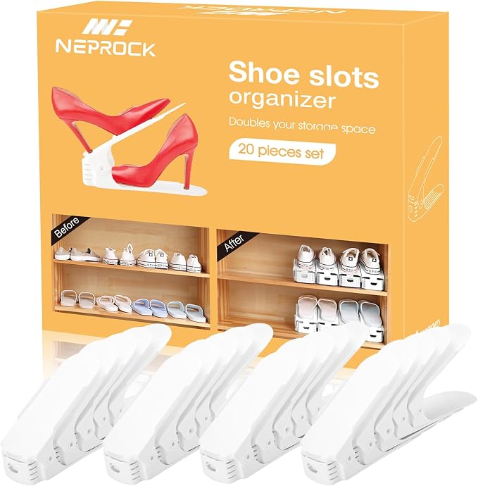 Neprock Shoe Slots Organizer, 20 Pack Adjustable Shoe Rack Stacker Storage Space Saver, Double Deck Shoe Rack Holder for Closet Organization (White) by Neprock