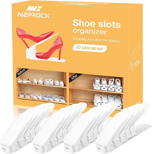 Neprock Shoe Slots Organizer, 20 Pack Adjustable Shoe Rack Stacker Storage Space Saver, Double Deck Shoe Rack Holder for Closet Organization (White) by Neprock