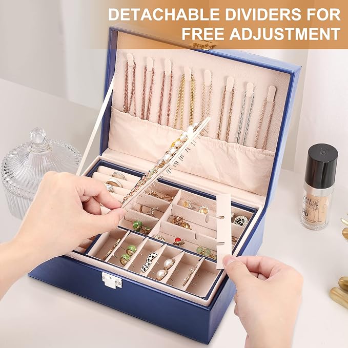 Jewelry Organizer Box PU Leather Jewelry Box for Girls Womens Earring Organizer Boxes 2 Layer Large Jewelry Storage Case Removable Tray for Necklace Earring Ring with Polishing Cloth and Jewelry Bags - Image 3