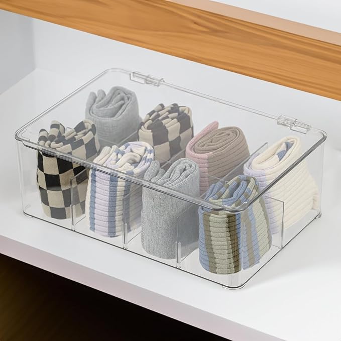 ZEXALOR Clear Tea Bag Organizer, Dresser Organizers Drawer Organzier Storage Container with Removable Dividers, Plastic Storage Bin with Lid, Organizer for Scarves Ties Bras - Image 4