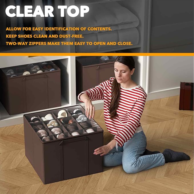 SpaceAid Shoe Organizer for Closet, 2 Pack Foldable Shoe Storage Containers Baskets Boxes Bins w/Adjustable Dividers, Fits 16-32 Pairs, Brown - Image 4