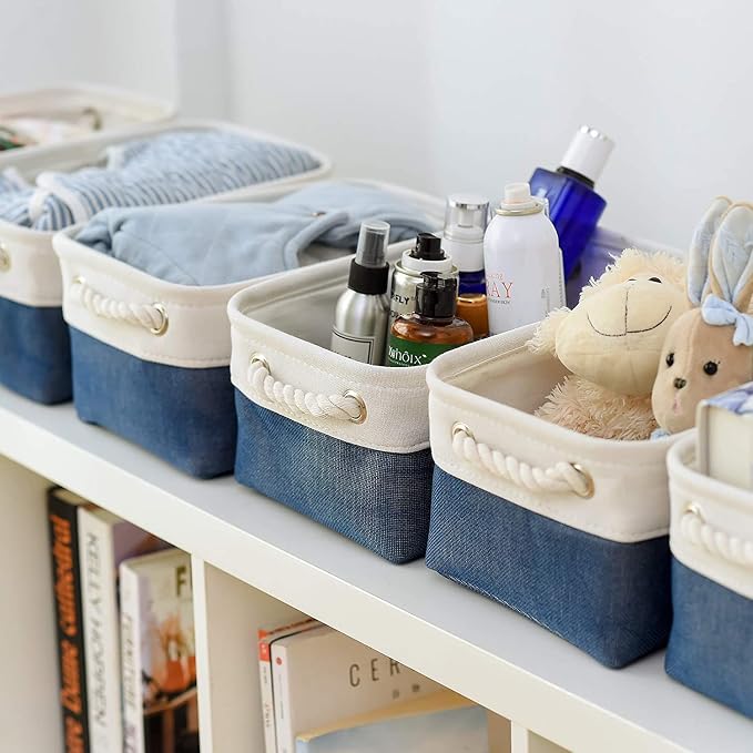 TheWarmHome Storage Basket for Organizing - Small 12x8x5.2 inch 6 Pack Collapsible Storage Bin for Shelves, Canves Storage Cubes for Organizer Cloth Box Gift Toys Closet (White & Jean Blue) - Image 5