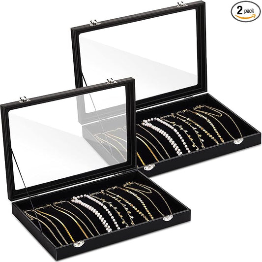 Kenning 2 Pieces Glass Lid Necklace Organizer Box 20 Hooks Necklace Tray Jewelry Holder Organizer Velvet Necklaces Holder Storage Display Case for Show Bracelet by Kenning