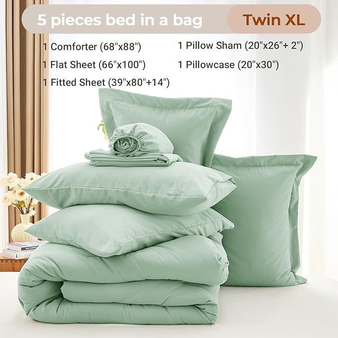 MUXHOMO 5 Pieces Twin XL Comforter Set, Soft Bed in a Bag Twin XL Size, All Season Bedding Set with Comforter, Flat Sheet, Fitted Sheet, Pillowcases & Shams, Sage Green