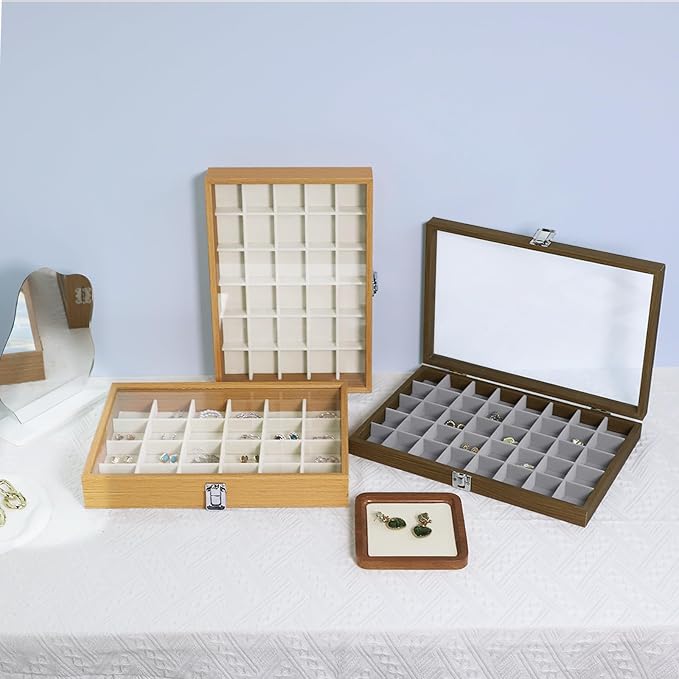 Stratalife Jewelry Organizer Wooden Jewelry Box Jewelry Display Case Jewelry Tray with Glass Lid Earring Holder Organizer Bracelet Ring Organizer 24 Grid Jewelry Tray Vintage Gift for Women - Image 8