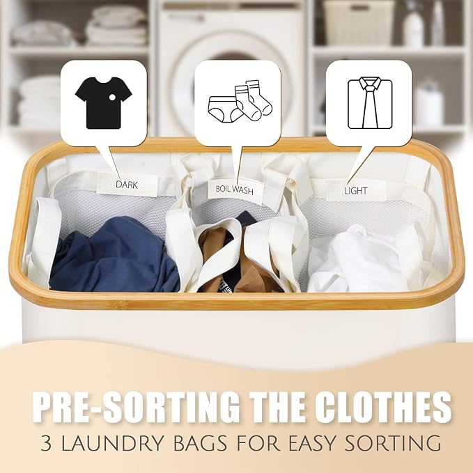 Extra Large 3 Section Dirty Clothes Laundry Basket with Lid, Dirty Clothes Hampers with Removable Bags for Bedroom and Laundry Room, Beige - Image 3