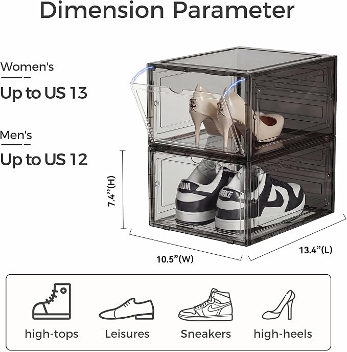 Pinkpum Upgraded Hard Shoe Storage Box 12 Pack X-Large Fit Size 12, Thicken & Sturdy Clear Plastic Stackable Shoe Organizer Box Closet, Sneaker Storage Display Case with Magnetic Door Black - Image 2