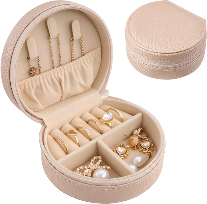 ProCase Travel Size Jewelry Box, Mini Portable Seashell-Shaped Jewelry Case, 2 Layer Organizer in PU Leather for Women -Champagne by ProCase