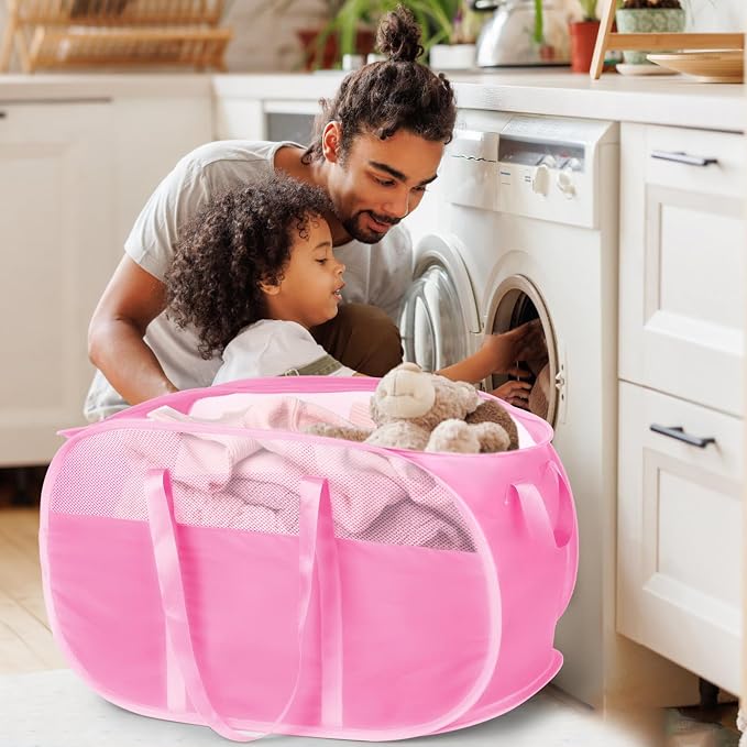 100L Collapsible Laundry Baskets, Tear Proof Pop Up Laundry Hamper with Dual Handles, Large Foldable Laundry Basket, Easy to Carry Laundry Hamper for Home, Laundry Room, Bedroom, Dorm, Travel Pink - Image 2