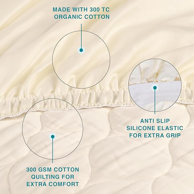 FABDREAMS Organic Quilted Mattress Protector King Size | Mattress Pad | Mattress Cover| Naturally Breathable | Noiseless| Fits up to 17" Deep Pockets| Temperature Regulating | Ivory
