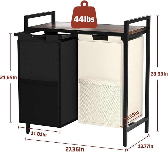 Huhote Double Compartment Laundry Basket, Laundry Sorter with Top Shelf, 2 Removable Washable Bags, Side Pockets, Black & White - Image 3