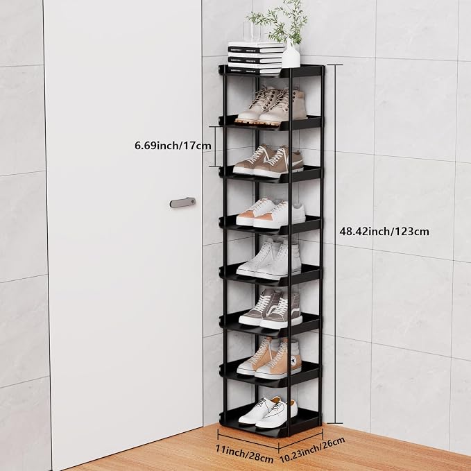 8 Tier Vertical Narrow Shoe Rack, Stackable Tall Skinny Shoerack, Compact Single Shoes Storage Tower for Slim Space, Corner Plastic Shelves, for Hallways, Entryway, Bedrooms Organizer, Black - Image 3