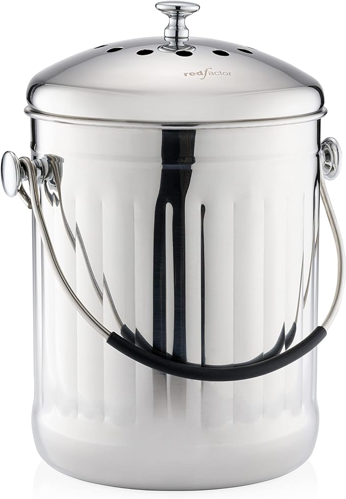 RED FACTOR Premium Compost Bin for Kitchen Countertop - Stainless Steel Food Waste Bucket with Innovative Dual Filter Technology - Includes Spare Filters (Brilliant Steel, 1.3 Gallon) by REDFACTOR